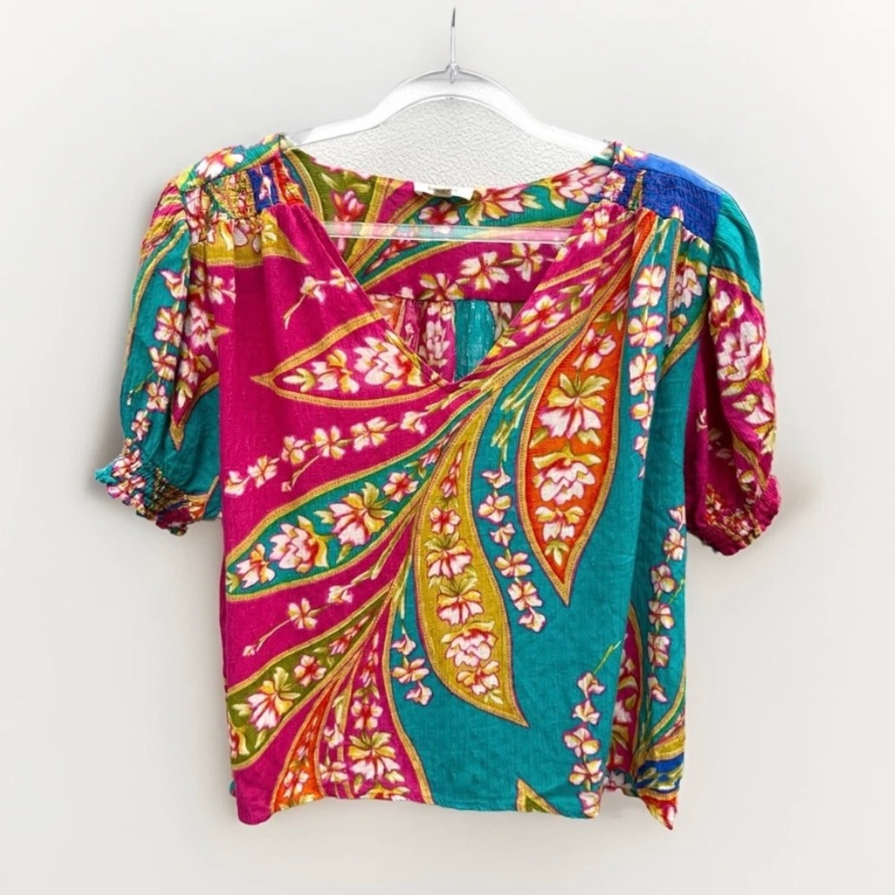 Haute Hippie Top L Floral Multi Colorful Boxy Slight Crop Boho Short Sleeve